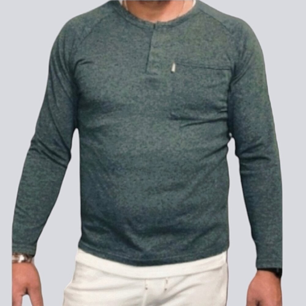 Bench Henley Long Sleeved Top in Heather Cyan Green- Size M (smaller fit)